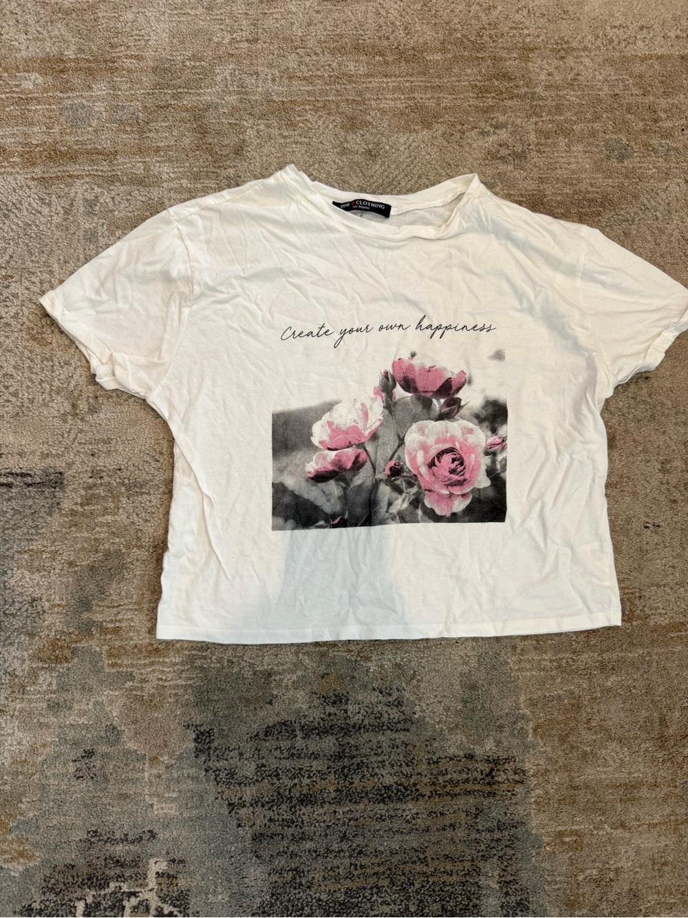 Create Your Own Happiness White Crop Tee with Pink Floral Graphic - Women